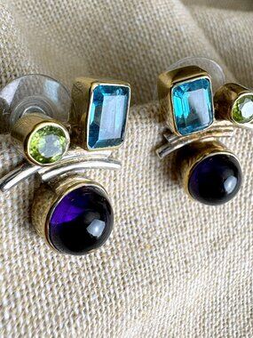 Asymmetrical Multi Gemstone Cluster Earrings Sterling and Vermeil - Y2k vintage